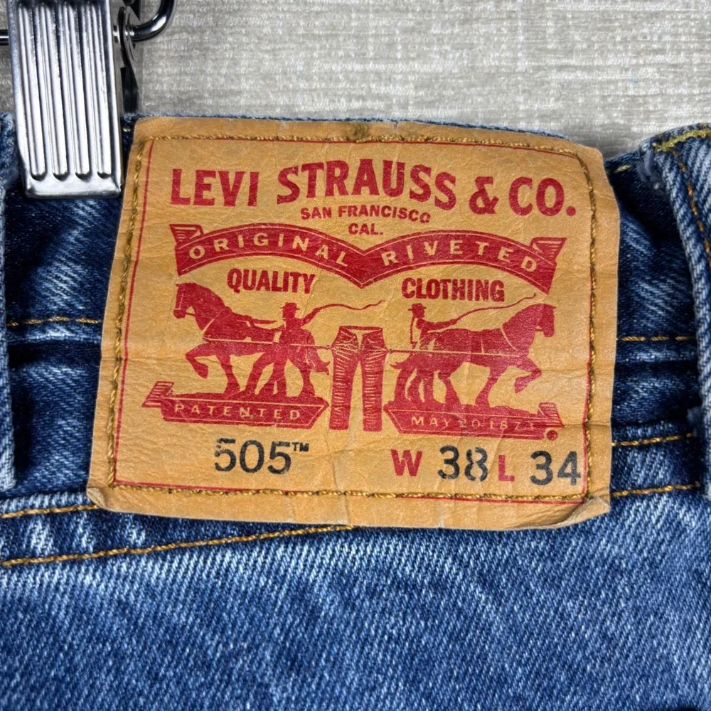 Levis 505 Mens 38x34 Jeans Medium Blue Washed Denim Workwear Fade